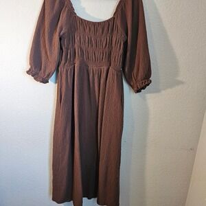 Neuflora Hayden dress lrg brown cottagecore prairie midi 100%cotton pockets